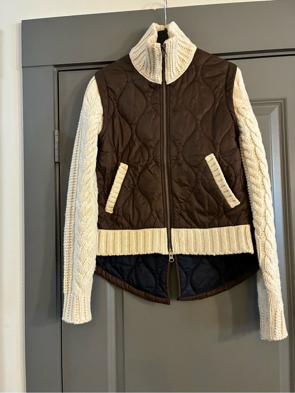 Veronica Beard Brown Quilted Puffer with Cream Cable-Knit Sleeves